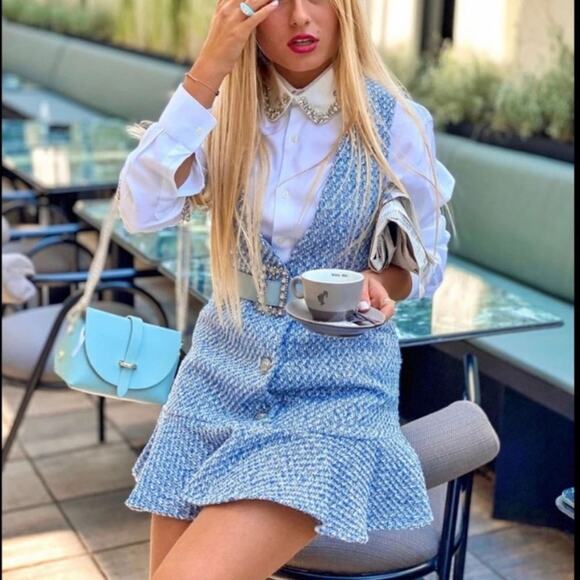 Zara Blue and White TEXTURED RUFFLED PINAFORE DRESS Size Extra Small XS - Picture 5 of 16